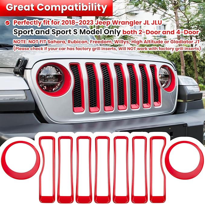 Front Grille Mesh Inserts & Headlight Cover for Jeep Wrangler JL JLU Sport & Sport S Only 2018-2023 Exterior Accessories Clip-in Grille Guard Cover Headlight Bezels Trim Ring (Red 9PCS)