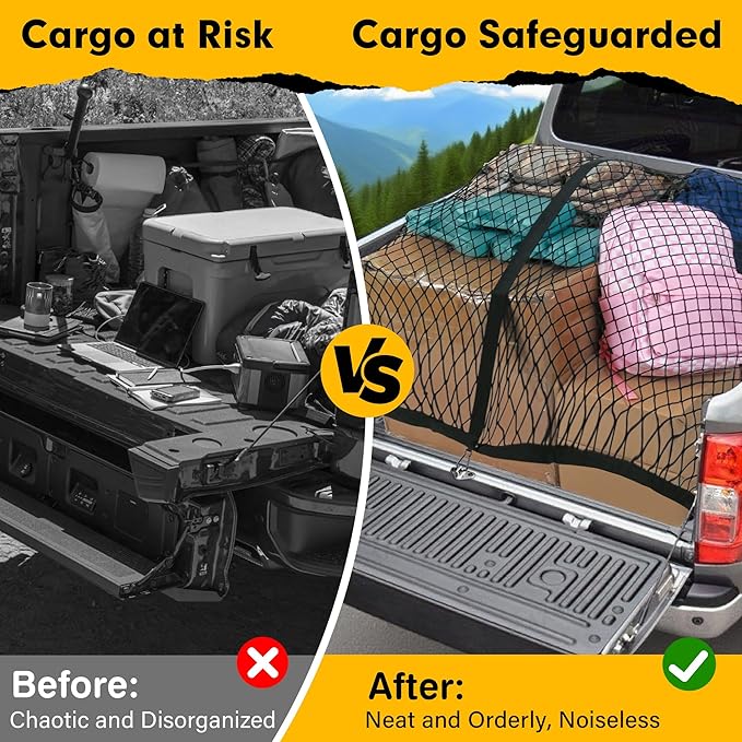 Cargo Net for Pickup Truck Bed 4'×4' Stretches to 7'×7', Highly Elastic Truck Bed Net with Fine Mesh & 8 Strong Metal Carabiners, Easy to Install Cargo Netting for Vehicles, Trailers, Boats