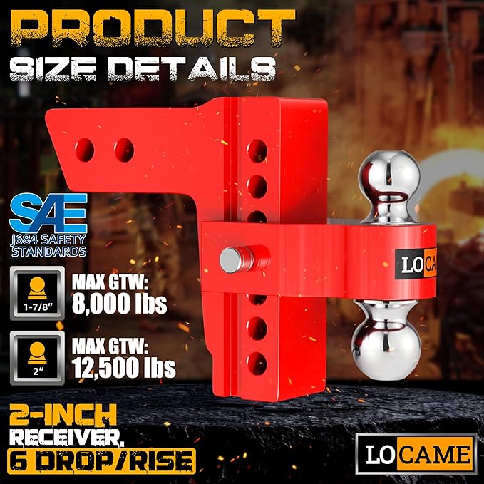 LOCAME Adjustable Trailer Hitch, Fits 2-Inch Receiver, 6-Inch Drop Aluminum 1-7/8'' & 2'' Tow Ball Drop Hitch,12,500 LBS GTW-Tow Hitch for Heavy Duty Truck with Double Stainless Locks, Red, LC0046