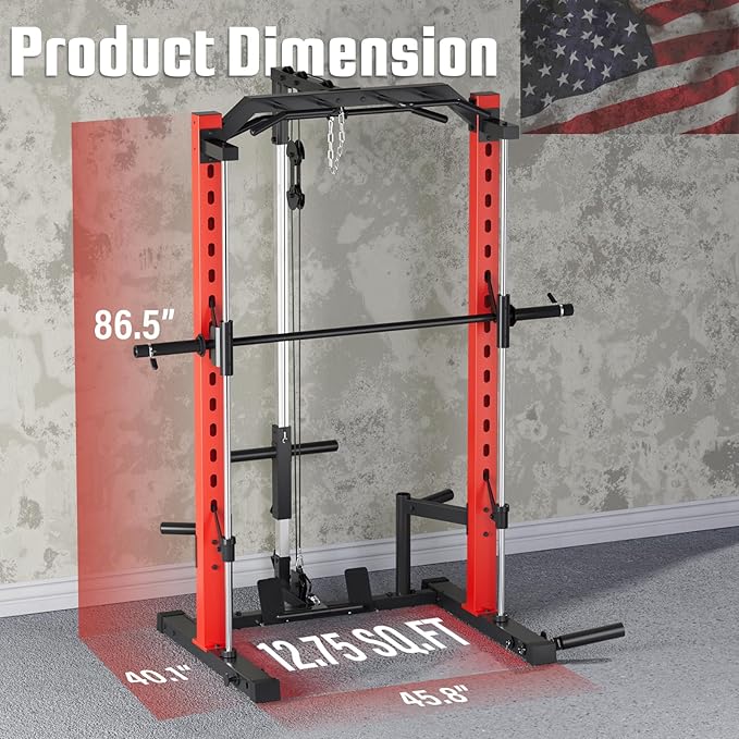 OPPSDECOR Power Cage, Multi-Function Power Rack with Adjustable Cable Pulley System, Squat Rack with Pull-up Bar, J-Hooks, More Training Attachment for Home Gym