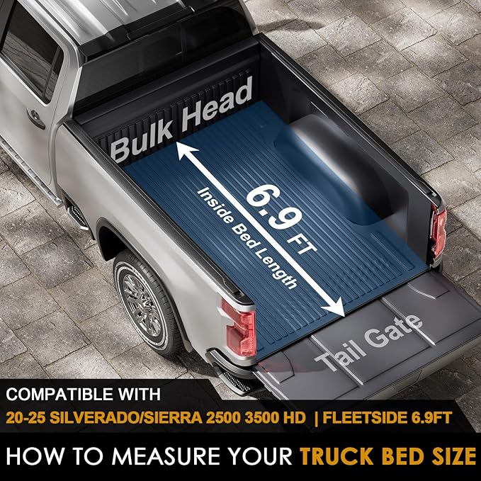 FRP Low Profile Hard Tri Fold Truck Bed Cover Fit for 20-25 Silverado/Sierra 2500 3500 HD 6.9FT Bed (82.2") Aluminum Hard Folding Drill-Free Tonneau Cover, Sleek, Fiberglass Waterproof