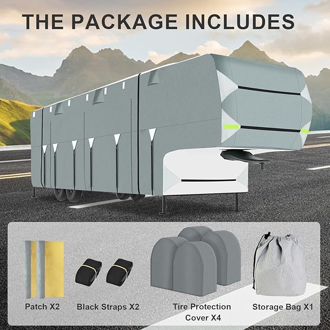 5th Wheel RV Cover 26-29Ft - Upgraded 5 Layers Top Extra-Thick Fifth Wheel Cover, Waterproof Camper RV Cover, Anti-UV Windproof Winter Camper Cover with Gutter Covers