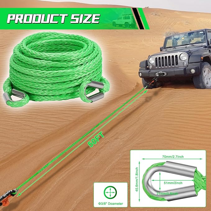 Synthetic Winch Rope Extension, 3/8Inch x 50Ft 26500 Lbs Winch Extension Cable Replacement Tow Ropes Line for Off Road Vehicle ATV UTV Truck SUV Jeep (Green)