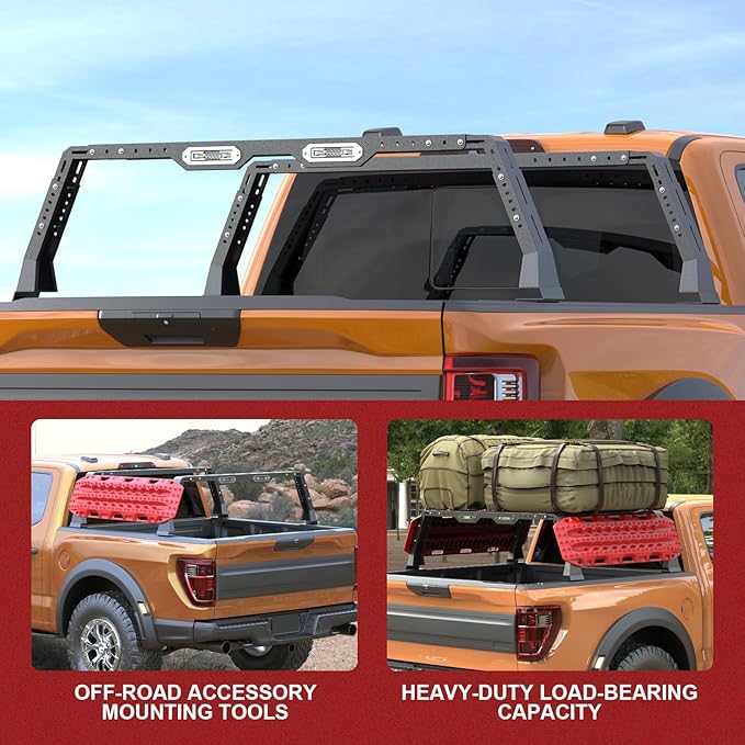 Bed Rack Overland Racks Truck Cargo Carrier with 2 LED Light Bars Compatible with Ford F-150/F-250/F-350, Ram 1500/2500/3500, Chevy Silverado, GMC Sierra, Toyota Tacoma,Tundra, Sequoia, Titan