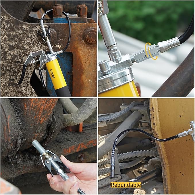 UTOOL Grease Gun, 8000 PSI Heavy Duty Pistol Grip Grease Gun Kit, 14 oz Capacity, 20 Inch Rubber Flex Hose, 1 Patented Double Handle Coupler, 1 Basic Coupler, 1 Needle Nozzle, 1 Hose Swivel