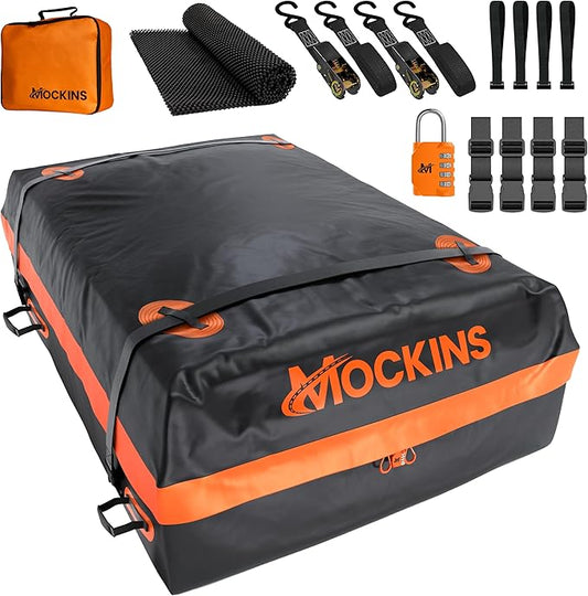 Mockins 30 Cu.Ft. All-Weather Rooftop Cargo Carrier Bag | 60"x43"x20" Soft-Shell Vinyl Roof Cargo Bag for Top of Car, SUV, Truck & Large Vehicles with Accessories | Car Top Carrier Without Roof Rack