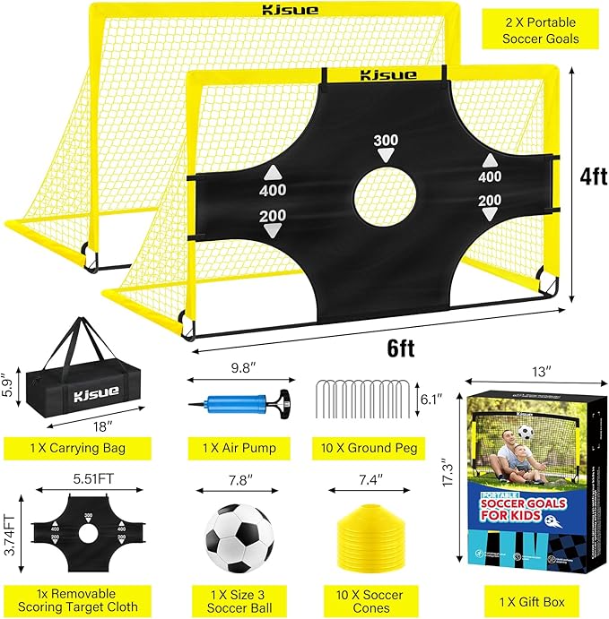 Kids Soccer Goals for Backyard Set, 2 of 6x4 ft Portable Pop Up Soccer Goal Training Equipment, Soccer Net with Target, Soccer Ball, Cones, Soccer Set for Kids Youth Toddler Sports Outdoor Games
