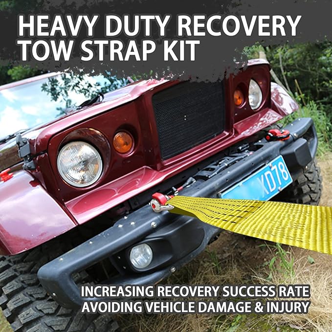 Heavy Duty Tow Straps Recovery Kit, 2" x 26ft Recovery Strap with 12000 lbs Break Strength, Heavy Duty Tow Rope D-Ring Shackles for Towing Vehicles, Boats(Yellow)