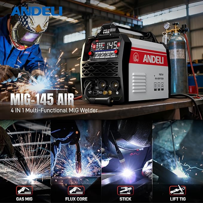 ANDELI 145A MIG Welder 4-in-1，110V/220V Dual Voltage [Large LED Display]Gas MIG/Flux Core MIG/Lift TIG/Stick Multiprocess MIG Welding Machine with Synergy，Full Kit (Bonus MIG Wire&FluxCore Wire)