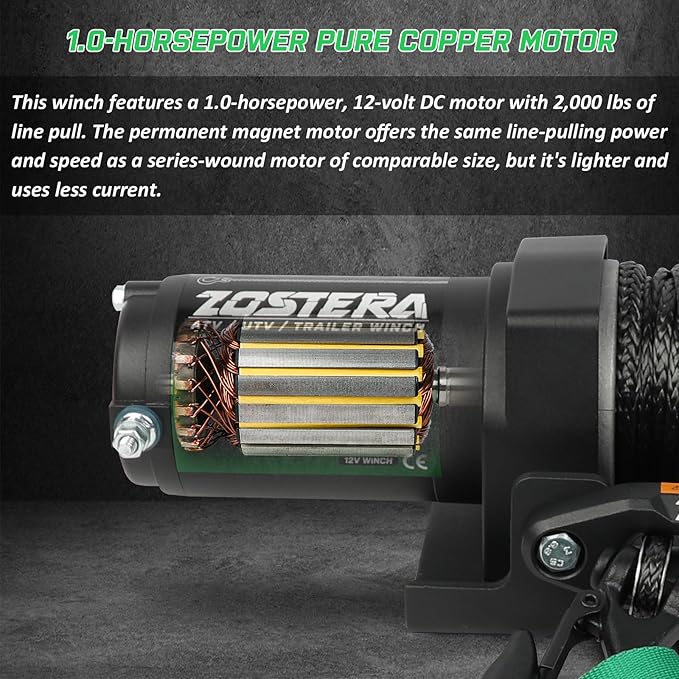 2000lb ATV Winch Electric 12V,with Synthetic Rope, RV Waterproof Towing Winches,with Wired Manual Remote Controller Switch,with Mounting Plate, Fairlead&Hook