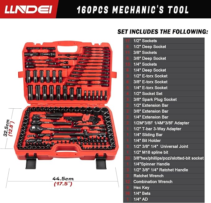 LLNDEI 160-Piece Mechanics Tool Set, Metric Socket Set 1/2 1/4 3/8 inch Drive Professional Tool Kit, CR-V Deep & Shallow Kit with Quick Release Ratchet