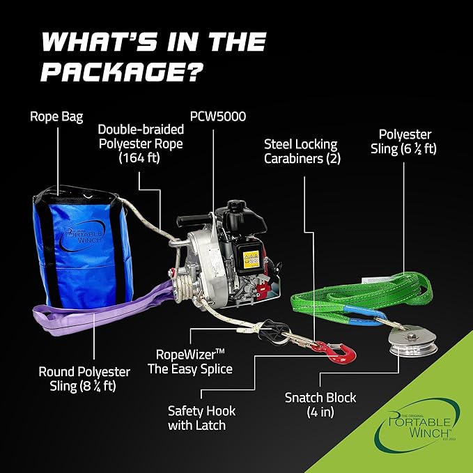 Portable Winch PCW5000-A Gas-Powered Capstan Winch with Accessories - 2,200 lbs Pulling Capacity Winch, Honda GXH50 Engine Portable Gas Winch for Hunting, Logging, and Towing