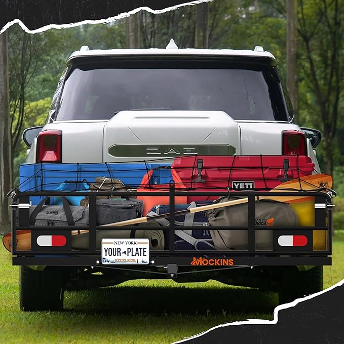 Mockins 60"x24"x14" High Rail Car Trailer Hitch Cargo Carrier w/Plate Bracket | 500 Lbs. Capacity Folding Luggage Rack for SUV, Car & Truck | 2" Receiver Hitch Cargo Rack w/Stabilizer, Straps, & Net