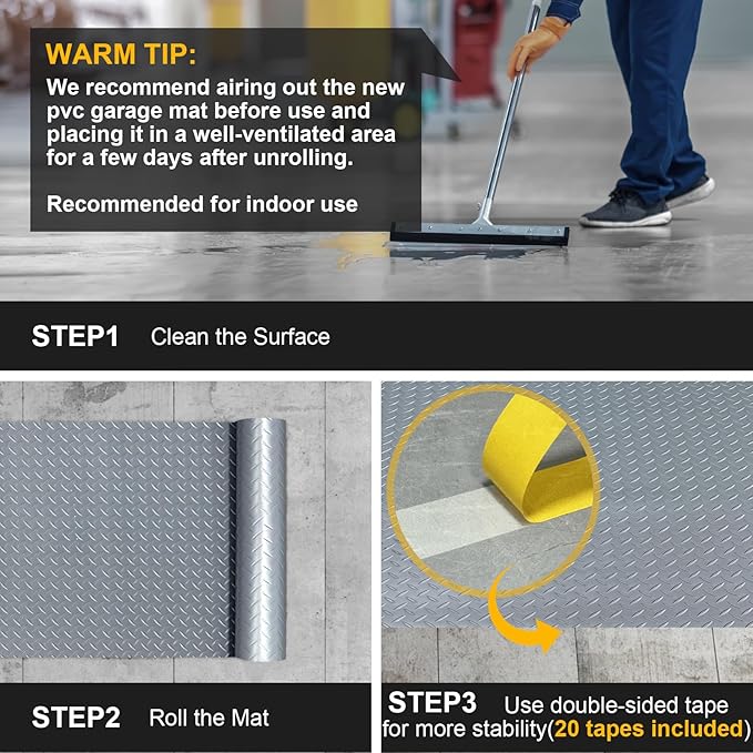 7.5x18 FT Garage Floor Mat, Flooring Roll with 20Pcs Tapes, 135 sqft Diamond Plate PVC Rubber Trailer Mat, Non-Slip Floor Mat for Garage, Warehouse, Gyms, Trailer, Pickup Truck (Grey)