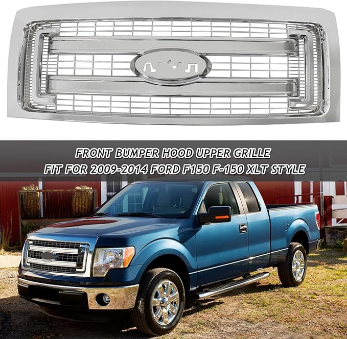 Front Bumper Grille Grill Fit For 2009-2014 Ford F150 F-150 XLT Style Front Hood Upper Grille Guard Cover Replacement For DL3Z8200DA/DL3Z8200CA (Chrome)