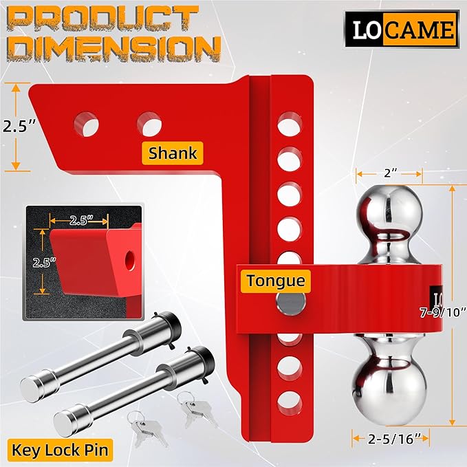 LOCAME Adjustable Trailer Hitch, Fits 2.5-Inch Receiver Only, 8-Inch Drop/Rise Aluminum Drop Hitch,18,500 LBS GTW-Tow Hitch for Heavy Duty Truck with Double Stainless Steel Locks, Red, LC0015
