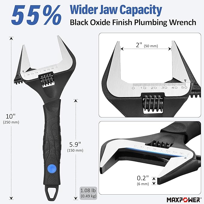 MAXPOWER 10 inch Adjustable Wrench, Wide Jaw Capacity 2 inch (50 mm)