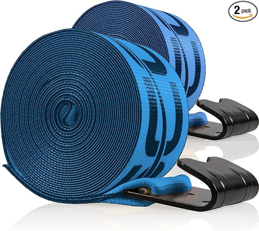 US Cargo Control Winch Straps 4" x 30' (2-Pack), 5,400 LBS Working Load Limit, Heavy Duty Flatbed Tie Downs with Flat Hooks, Blue 4 Inch Straps for Flatbed Trailer, Truck, and Cargo Securement
