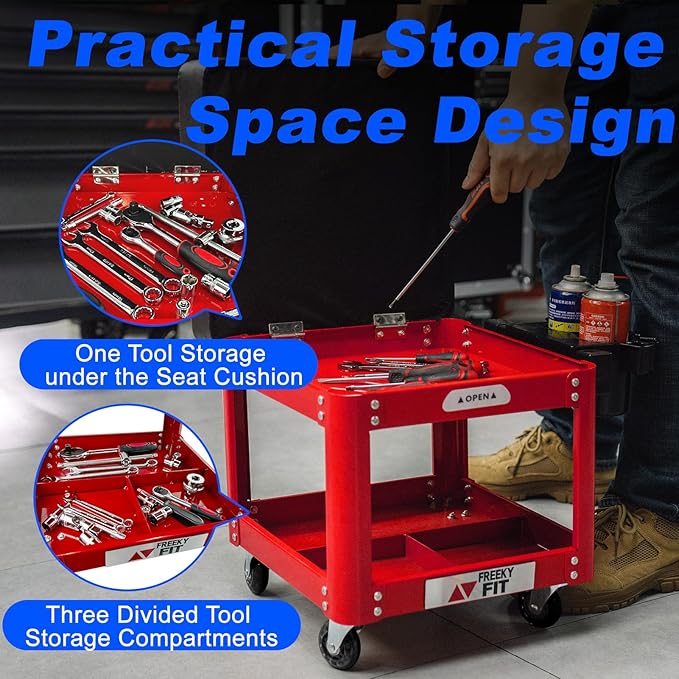 Rolling Creeper Garage Shop Seat for Men, Padded Mechanics Stool with Tool Tray Storage for Garage, Rolling Workshop Stool with Wheels, Auto Creeper Seat, 330 LBS Capacity, Heavy Duty, Red