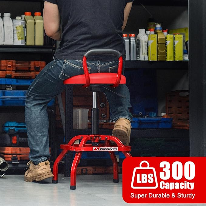 Garage Stool, Adjustable Height Swivel Work Mechanic Shop Stool with Backrest, Pneumatic Shop Chair for Home, Workshop, 300 LBS Capacity, 360° Rotation, Heavy Duty, Red