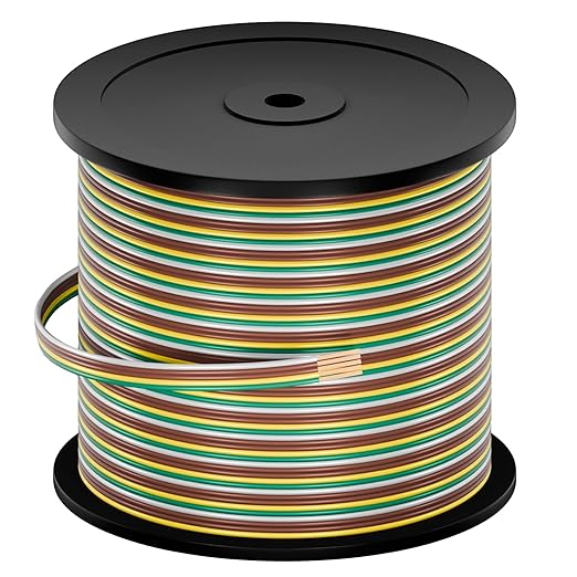 SUZCO 400Ft Enough 14AWG CCA【2-Brown-Wires】 4 Color-Coded 4-Way 5-Wire Bonded Trailer RV Camper Towing Hitch Wiriing Spool, 5-Flat Wishbone SAE J1128 for All Basic Wire Trailers