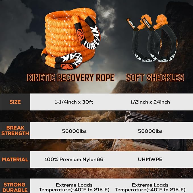 1.26" x 30ft Heavy-Duty Kinetic Recovery Rope – 56,000lbs Break Strength – Includes 2 Ultra-Strong UHMWPE Soft Shackles – Ideal for Trucks, SUVs, Jeeps, UTVs, ATVs & Tractors (Orange)