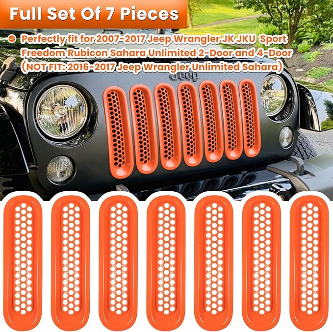 7PCS Front Grill Mesh Inserts for Jeep Wrangler JK JKU Unlimited 2007 2008 2009 2010 2011 2012 2013 2014 2015 2016 2017 2018 Grille Guard Cover Trim Clip-in Exterior Accessories (Matte Orange)