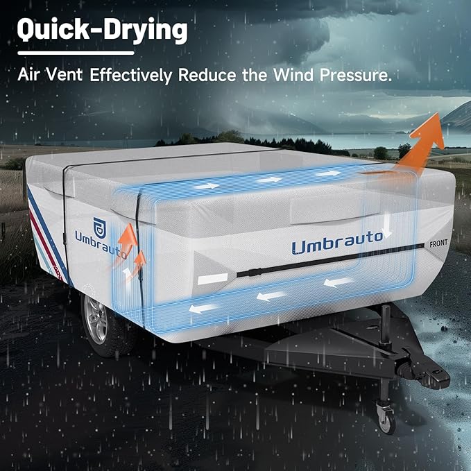 Umbrauto Pop Up Camper Cover for 16'-18' Folding Tent Trailers, 300D Silver Oxford, Waterproof, Windproof, Sun-Resistant, Tear-Resistant, Heavy-Duty RV Cover with Straps & Air Vents