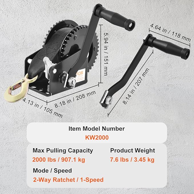 VEVOR Boat Winch, 2000 lbs Capacity Hand Boat Trailer Winch Heavy Duty Rope Crank with 23 ft Polyester Strap and Two-Way Ratchet, Manual Operated Hand Crank Winch for Trailer, Boat or ATV Towing