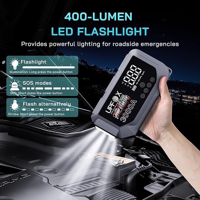 3000A Jump Starter with Air Compressor 12V – Portable Car Jump Starter for 8.0L Gas & 6.0L Diesel Engines, 150PSI Tire Inflator with LED Display, Emergency Jump Box with 3 Light Modes & Jumper Cables