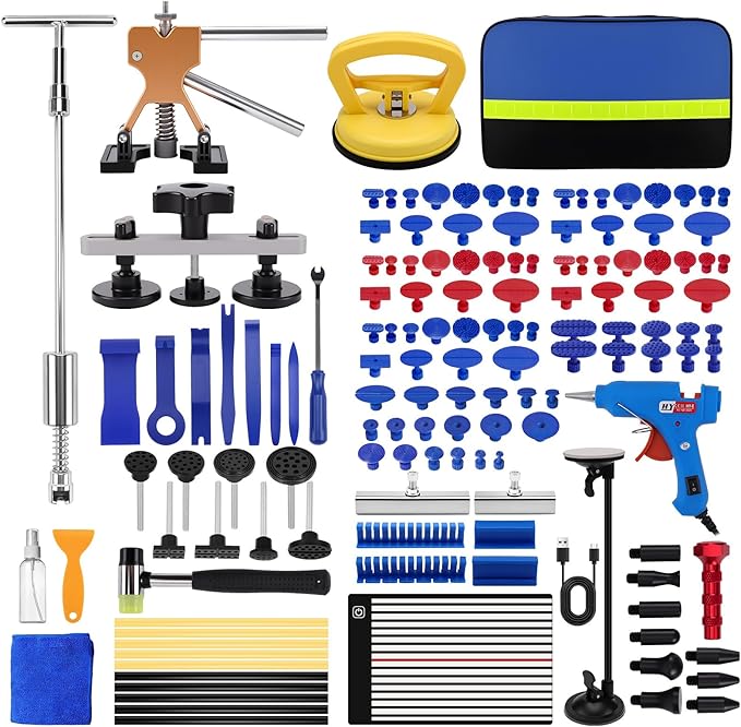 142PCS Car Dent Puller Kit,Car Paintless Dent Remover Tool Kit with LED Light Board,T-bar Slide Hammer & Bridge Puller & Suction Cup,Dent Repair Kit for Remover Auto Body Hail Damage Large Small Dent