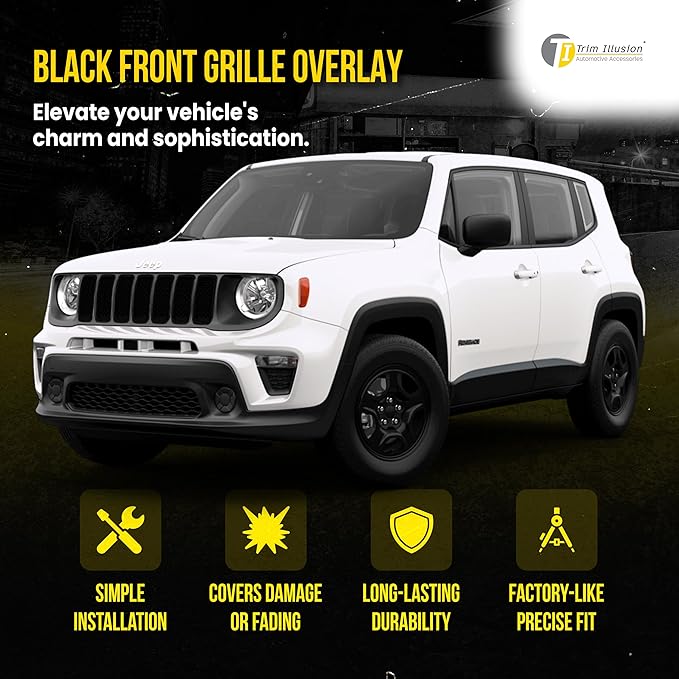 Gloss Black Chrome Delete Front Grille | Car Grille Cover | Grille Insert | Trim Overlay | Compatible with 2019-2023 Jeep Renegade | ABS6503BLK