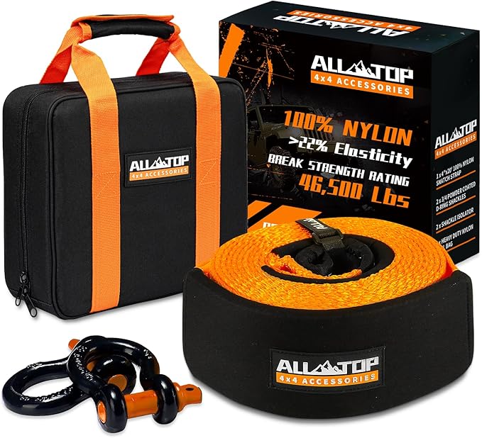 ALL-TOP Extreme Duty Tow Strap Recovery Kit: 4inch x 20ft (46,500lbs) 100% Nylon and 22% Elongation Snatch Strap + 3/4 Heavy Duty D Ring Shackles (2pcs) + Storage Bag