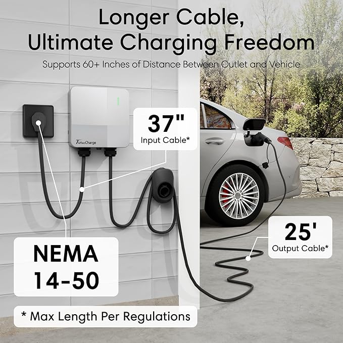 Level 2 EV Charger 40 Amp - 9.6kW Smart WiFi EV Chargers for Home Level 2 240v NEMA 14-50 Plug- Outdoor, Indoor 25'Cable,Electric Car Charger - J1772 Connector - ETL Certified
