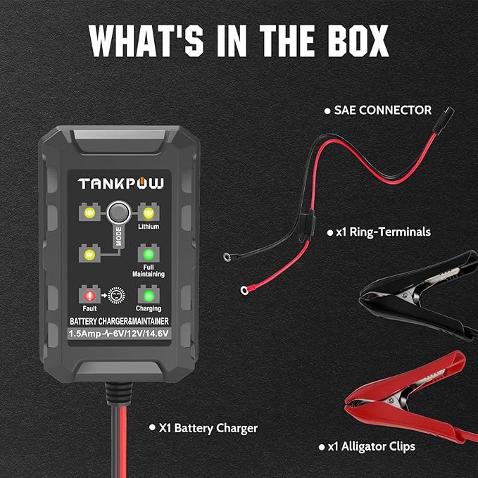 1.5-Amp Car Battery Charger,6V/12V/14.6V Automotive Battery Chargers,Battery Maintainer,Trickle Charger,Float Charger for Cars,Motorcycle,ATV,Gel,AGM,12V Lithium(LiFePO4) Deep Cycle Batteries