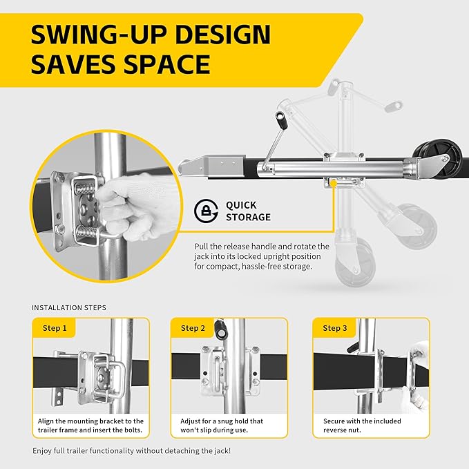 MaxxHaul 70149 Trailer Jack with 11-1/2" Lift, Swing-Back Design, Side Wind Handle & Dual 6" Wheels – 1500 lbs Capacity, Bolt-On for Utility & Boat Trailers