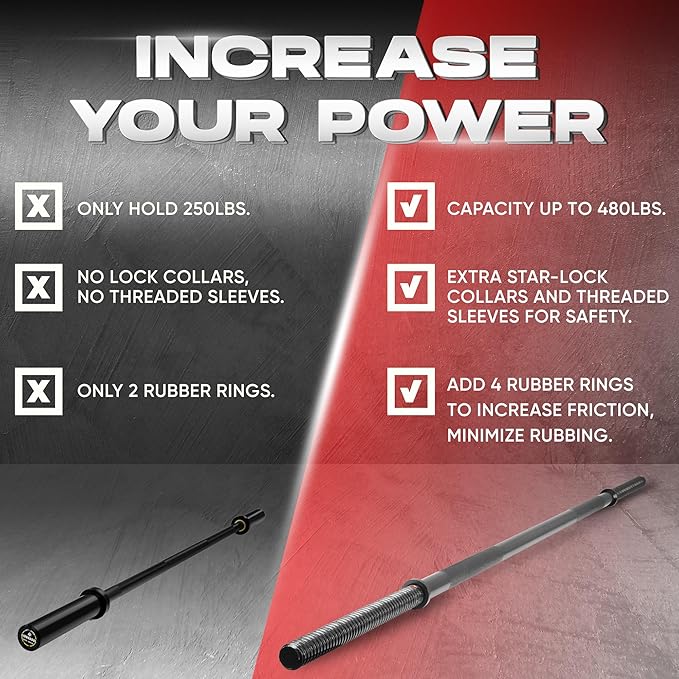 Yes4All 480LB Standard Straight Barbell 60" & EZ Curl Bar 47", Weight Bar 1" Diameter - Star Lock Collars & Rubber Ring for Deadlifts, Squats
