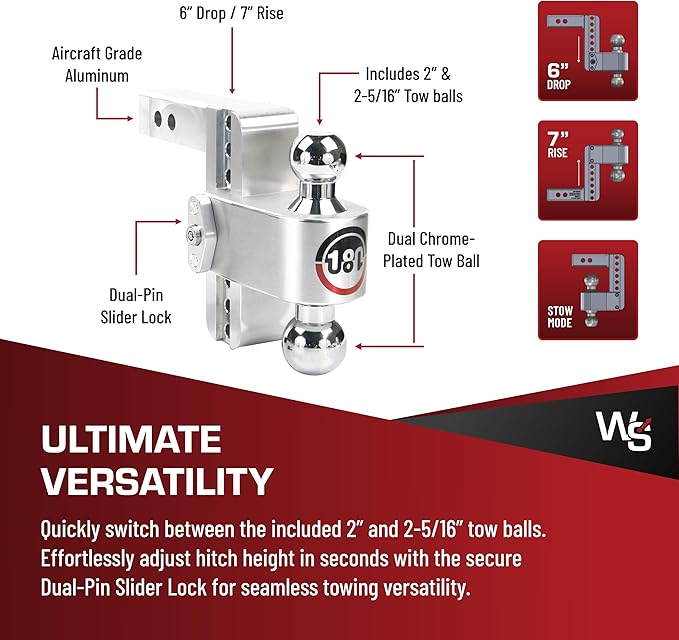 180 HITCH CTB6-2 Aluminum Adjustable 6" Drop & Chromed Steel Ball for 2" Receiver, 12,500 GTW
