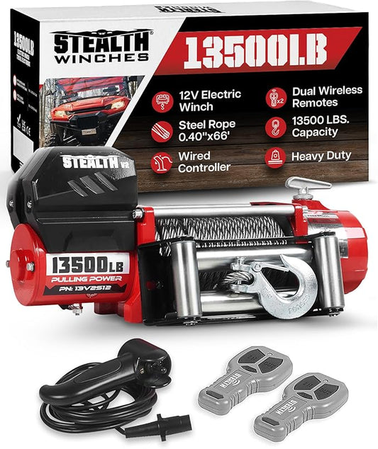 Stealth Winches 13500lb Truck Winch 12V Electric Winch with 2 Wireless remotes and Steel Rope, Perfect for SUV Towing Trailer Winch, Hook, Weatherproof, with Roller Fairlead, Heavy Duty