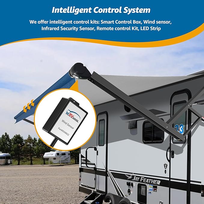 Black Intelligent RV Power Awning Frame and Fabric Assemblies Full Set for RV,5th Wheel,Travel Trailers,Motorhome Trailer Awning for Home or Camper (18Feet, Blue Fade)