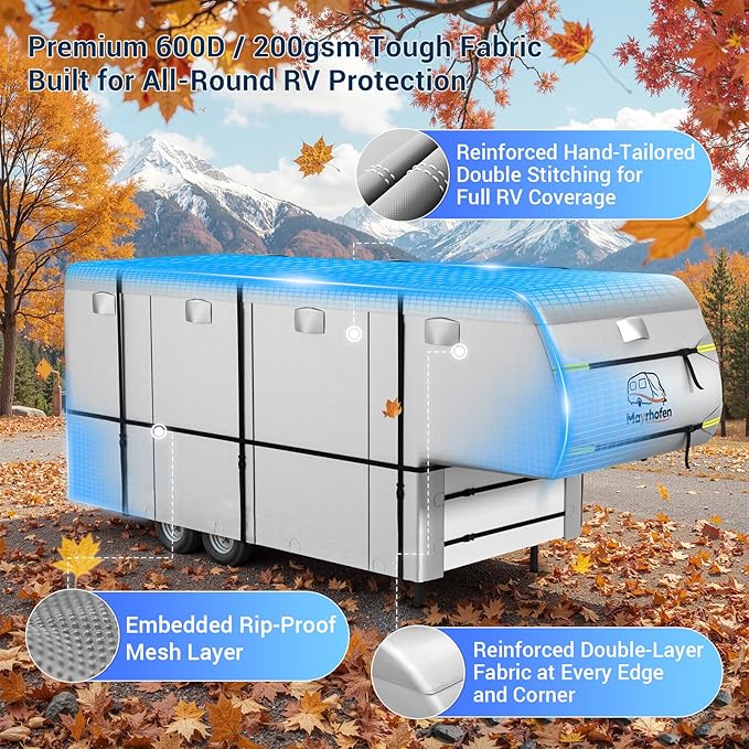 600D Oxford Fabric 5th Wheel Cover 26-29ft RV Cover, 6 Layers Breathable Waterproof Rip-Stop Camper Cover with Adhesive Repair Patches, Gutter, Tire & Additional Straps