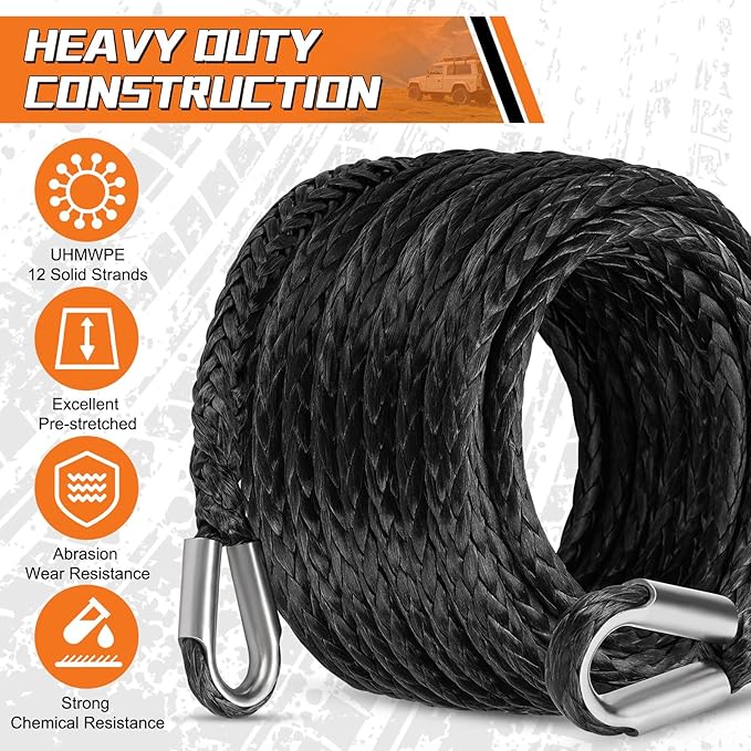 Synthetic Winch Rope Extension, 3/8Inch x 50Ft 26500 Lbs Winch Extension Cable Replacement Tow Ropes Line for Off Road Vehicle ATV UTV Truck SUV Jeep (Black)