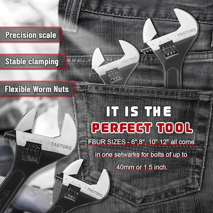 4-Pack Adjustable Wrench,6"/8"/10"/12” Drop Forged Black Oxide Heavy Duty with Smooth Jaw