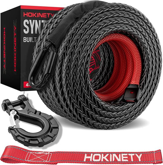 Synthetic Winch Rope Kit - 9/16" x 76' 35000 lbs Synthetic Winch Cable for ATV UTV Off-Road Vehicles with Forged Hook, Protective Sleeve and Safety Pull Strap - Black