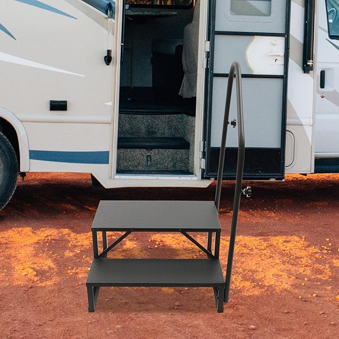 RV Steps with Handrail, 2 Step RV Ladders with Anti-Slip Pedals, Mobile Home Stairs for Travel Trailers, Heavy Duty Camper Steps for Camper, Porch, Spa