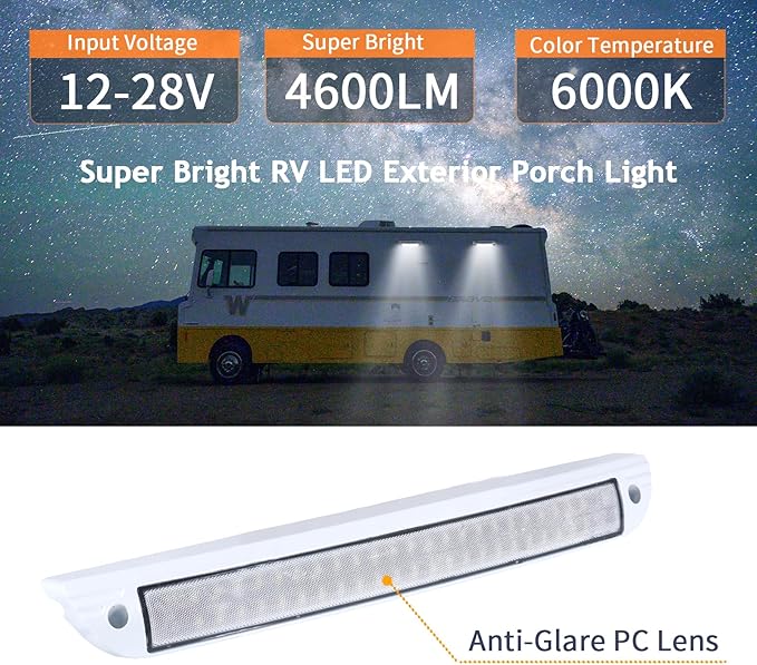 15.4 Inch RV LED Exterior Light Fixture, 6000K Cool White Flood Beam LED Porch Outdoor Utility Light, 12V/24V DC Work Scene Lighting for Truck/Camper/Boat/Trailer, White Finish, 1-Pack