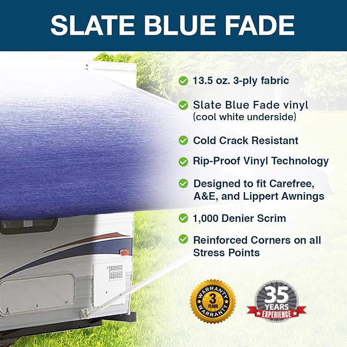 ShadePro - RV Awning Fabric Replacement - Premium Grade Weatherproof Vinyl - Universal Outdoor Canopy for Camper, Trailer, and Motorhome Awnings - Slate Blue Fade - 15' (Fabric 14' 2")