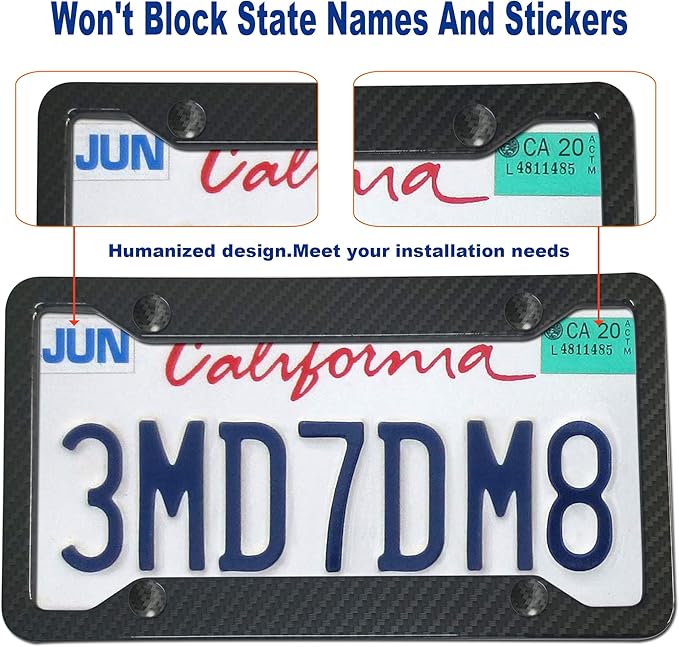 BGGTMO Carbon Fiber License Plate Frames- 2 Pack Black Aluminum Printed Carbon Patterns Car Tag Cover for Front & Rear, 4 Hole Heavy Duty Universal Holder Mount Screws with Caps