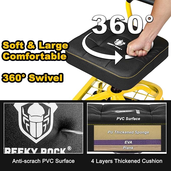 Rolling Shop Stool with Wheels, Garage Mechanic Shop Chair with Handle Backrest, Adjustable Height Work Stool, Roller Seat with Tool Tray Storage, Heavy Duty, 330 LBS Capacity, Yellow