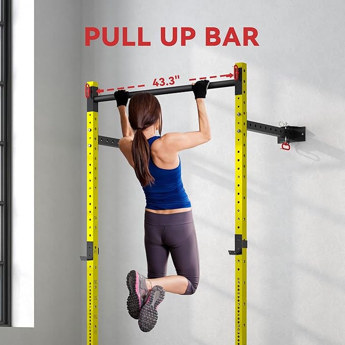 Soozier Folding Squat Rack with Adjustable Pull-Up Bar, 1000 Pounds Capacity Wall Mounted Power Rack, Adjustable Barbell Rack with J Hooks for Home Gym Full Body Workout